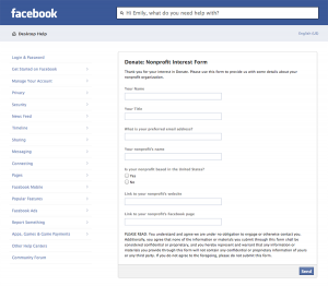 Nonprofit interest form for Facebook donate button